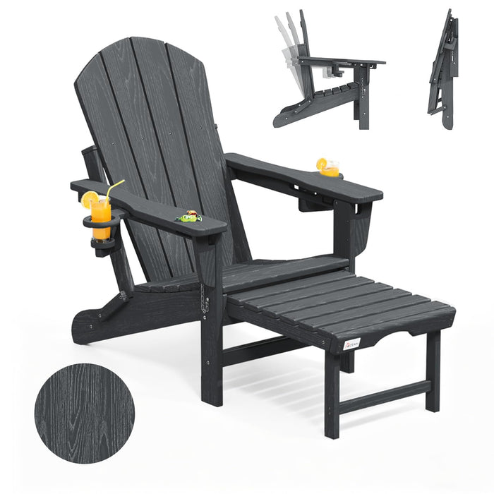 Mdeam 3-Position Adjustable Folding Adirondack Chair, 20" W | 400LBS Capacity, Retractable Ottoman, Dual Cup Holders, Wood-Like HDPE Outdoor Patio Lounge Recliner Fire Pit Chairs for Porch Deck, Grey