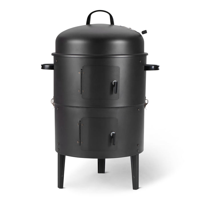 Amazon Basics 16 inch Vertical Charcoal Outdoor Smoker, BBQ Grill, with Built-in Thermometer, 2-Layer Design, Adjustable Air Supply Control, Black
