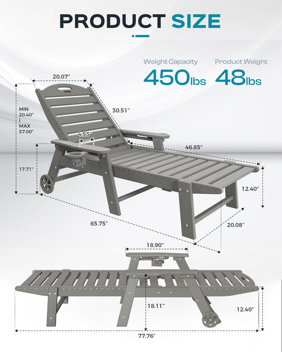 Ciokea Lounge Chair Outdoor, Oversized Chaise Lounge Chair with 5 Positions, HDPE, Patio Lounge Chair with Wheels & Cup Holder for Pool, Deck, Poolside, Grey