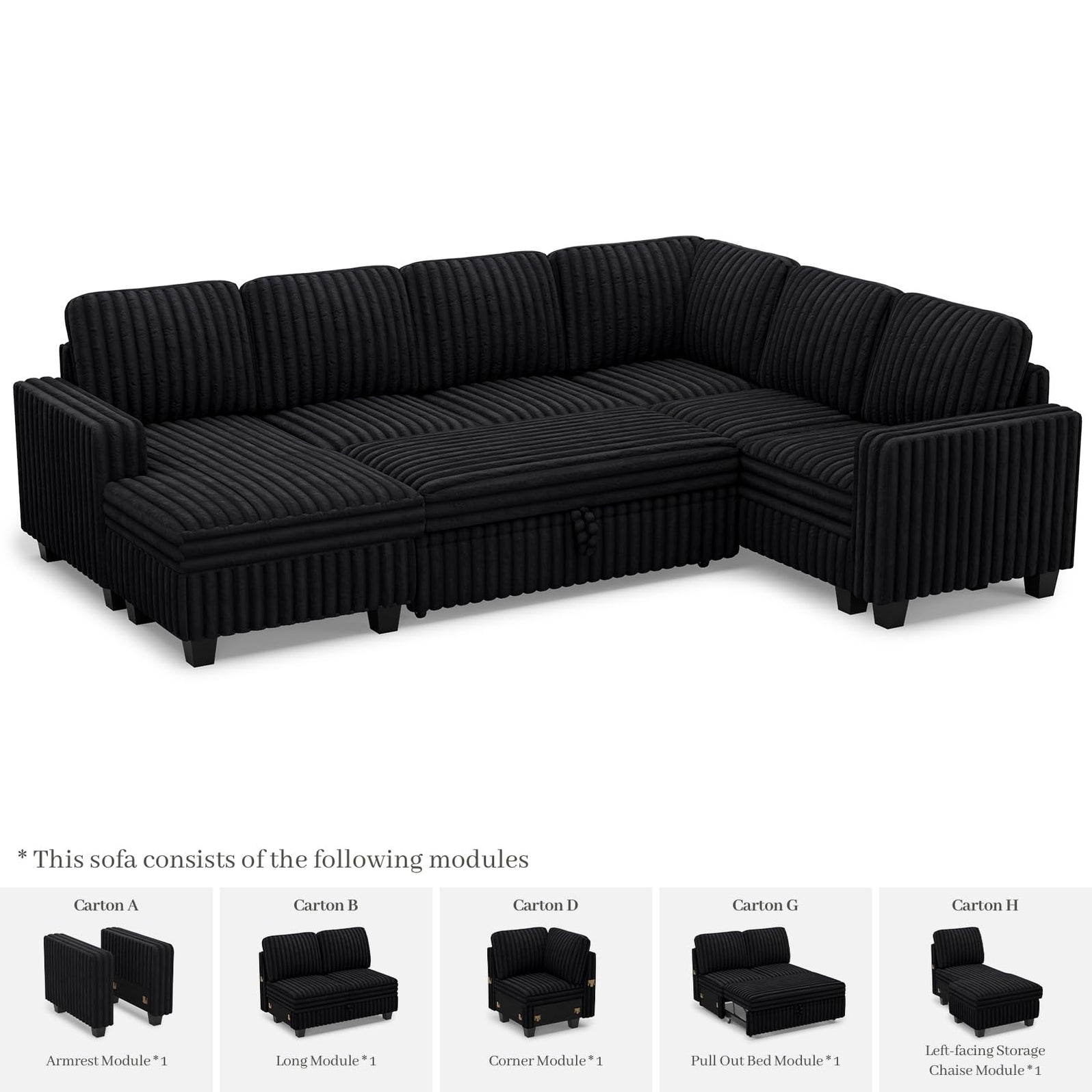 Belffin Corduroy Sleeper Sofa Bed with Storage Chaise Modular Sectiona