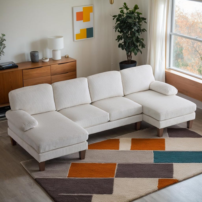 Karl home U-Shape Sectional Sofa Couch 111" Modern 4-Seat Sofa with Chaises Corduroy Fabric Upholstered Covertible Couch with Wood Grain Legs for Living Room, Reception Room, Apartment, Beige