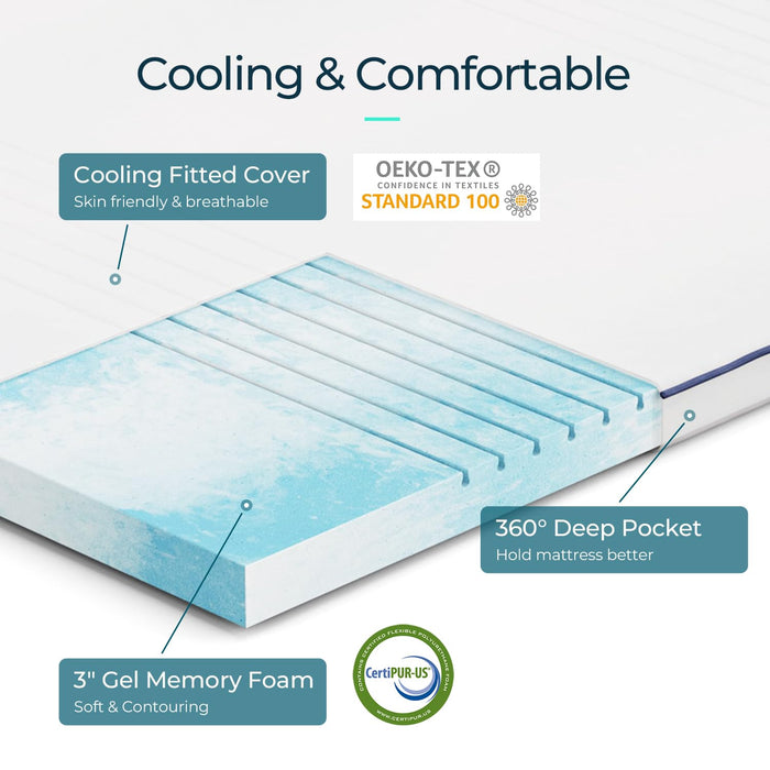 LINSY LIVING Cooling Mattress Topper Twin, 3 Inch Gel Memory Foam Mattress Topper, Cooling Fabric with 16" Deep Pocket and Side Pocket, Soft Bed Topper for Twin Size Bed, CertiPUR-US & Oeko Certified