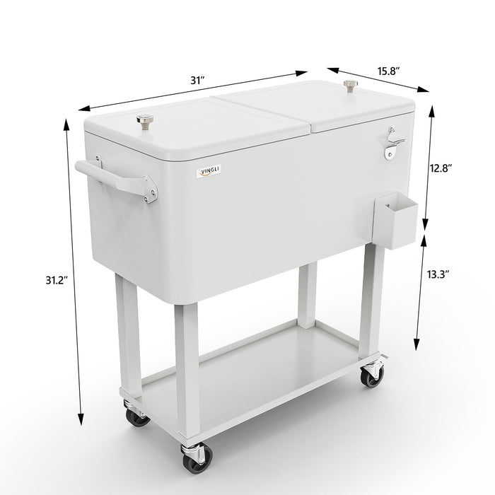 VINGLI 80 Quart Rolling Ice Chest, Portable Patio Party Bar Drink Cooler Cart, with Shelf, Beverage Pool with Bottle Opener (White)
