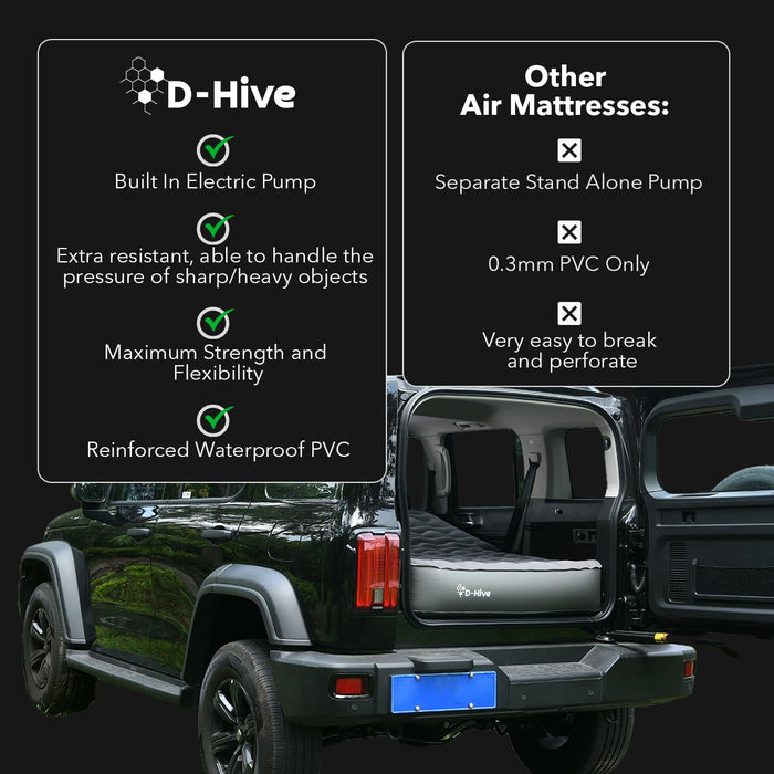 D-Hive SUV Air Mattress, Ultra-Thick Material Extra-High Car Air Mattress, SUV Mattress for Toyota 4runner, Jeep Wrangler Air Mattress, Car Mattress w/Built-in Pump Inflatable Car Air Mattress Grey