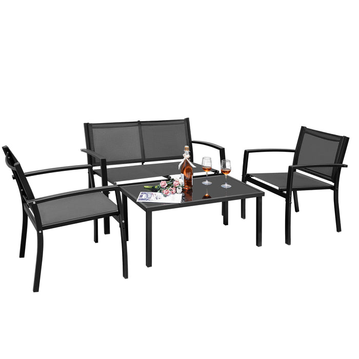 Flamaker 4 Pieces Outdoor Patio Furniture Textilene Modern Conversation Black Bistro Set with Loveseat Tea Table for Home, Lawn and Balcony
