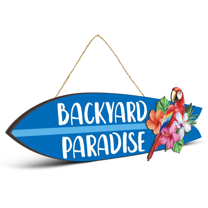 Memorywuu Wooden Backyard Paradise Sign Surfboard Wall Hanging Sign Wooden Hanging Decorative Art for Yard Garage Bar Tiki Wall Home Party Summer Decor Gift, 5 x 16 Inches