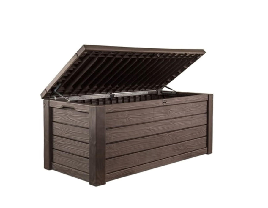 Keter Westwood 150 Gallon Deck Box Organizer, Doubles as 2-Person Bench Seat, Brown – Large Resin Outdoor Storage and Seating with Lockable Lid for Garden, Pool, and Patio