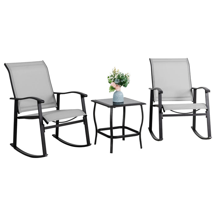 Vongrasig 3 Piece Outdoor Rocking Bistro Set, Textilene Fabric Small Patio Furniture Set, Front Porch Rocker Chairs Conversation Set with Glass Table for Lawn, Garden, Balcony, Poolside (Light Gray)