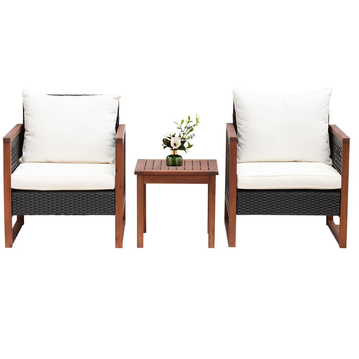 3 Pieces Patio Set Wicker Patio Furniture Acacia Wood Outdoor Patio Furniture Set Rattan Chair Conversation Sets Bistro Set with Coffee Table and Water Resistant Cushions(Khaki)