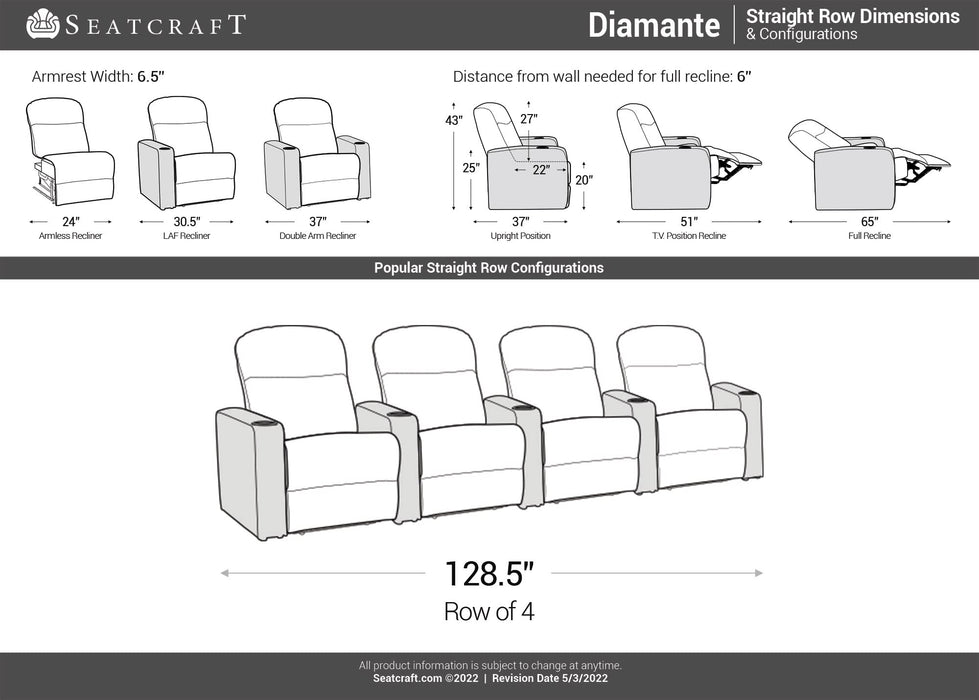 Seatcraft Diamante - Home Theater Seating - Living Room - Power Recline - Italian Leather - Powered Headrests - Cupholders - USB Charging - Ambient Lighting - Arm Storage, Row of 4, Brown