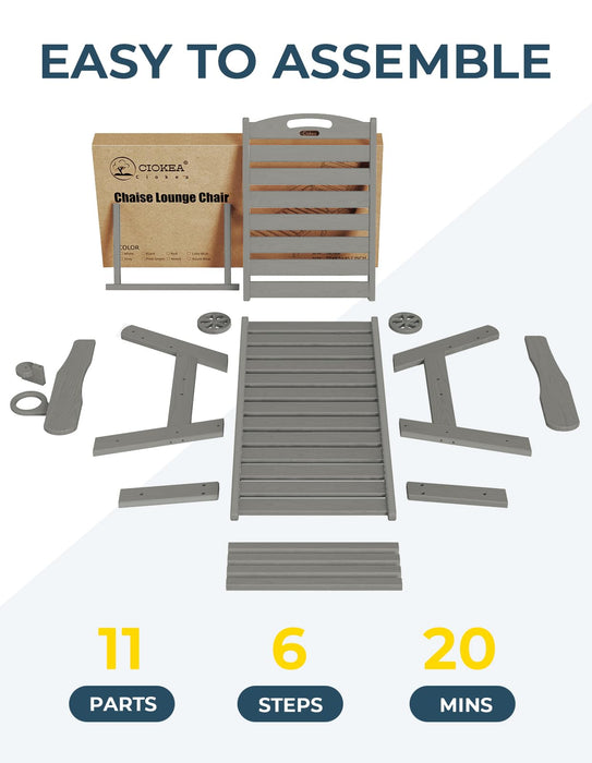 Ciokea Lounge Chair Outdoor, Oversized Chaise Lounge Chair with 5 Positions, HDPE, Patio Lounge Chair with Wheels & Cup Holder for Pool, Deck, Poolside, Grey