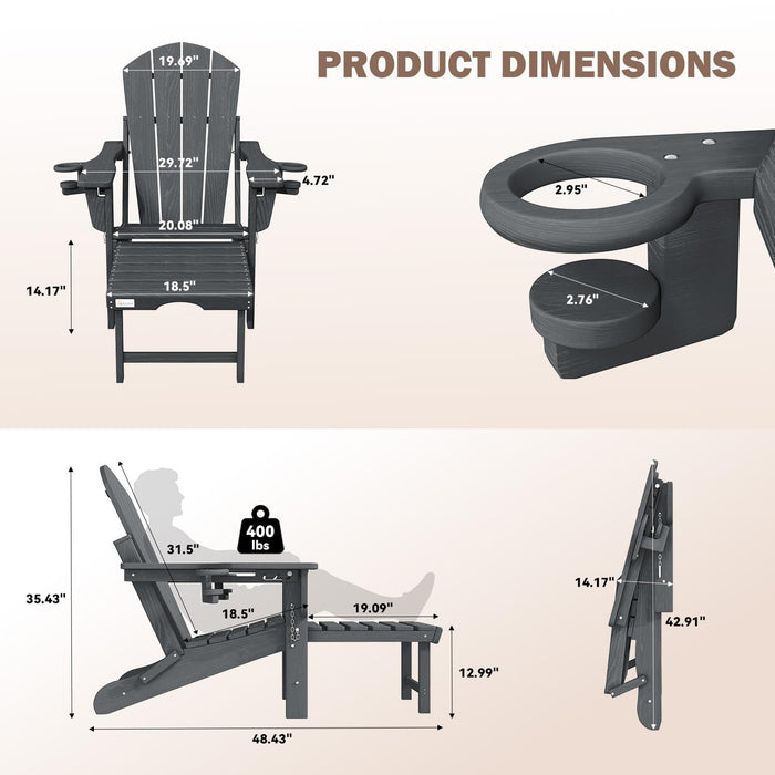 Mdeam 3-Position Adjustable Folding Adirondack Chair, 20" W | 400LBS Capacity, Retractable Ottoman, Dual Cup Holders, Wood-Like HDPE Outdoor Patio Lounge Recliner Fire Pit Chairs for Porch Deck, Grey