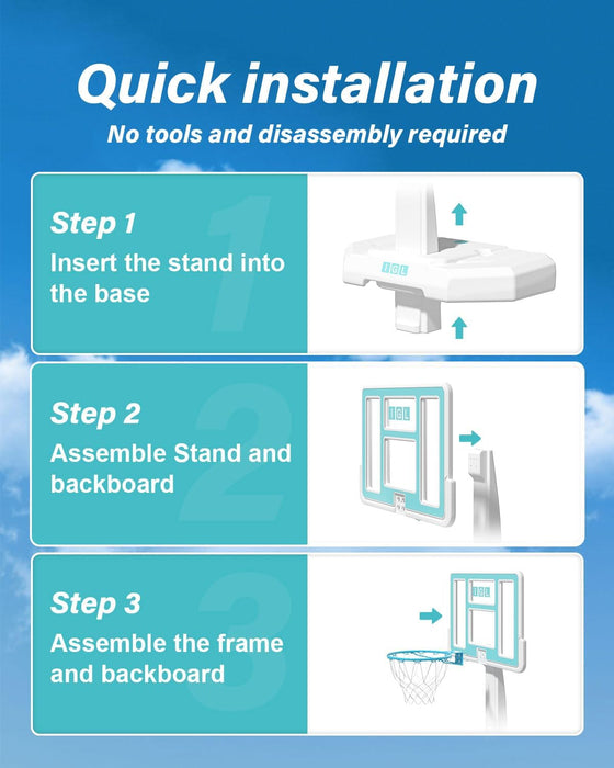 IGL Pool Basketball Hoop Outdoor, 44 Inch Outdoor Poolside Basketball Hoop, Base & Stand Double Water Storage with 2 Ball & Inflator, 18in Stainless Steel Basketball Rim, Fixed Height (44in Backboard)