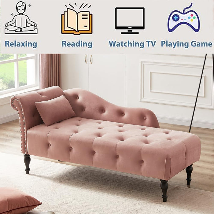 HomJoones Tufted Upholstered Velvet Rolled Arm Chaise Lounges Indoor Chair, Right Arm Facing Chaise Lounge with Nailhead Trim and 1 Pillow,for Living Room Bedroom Office (Rose)