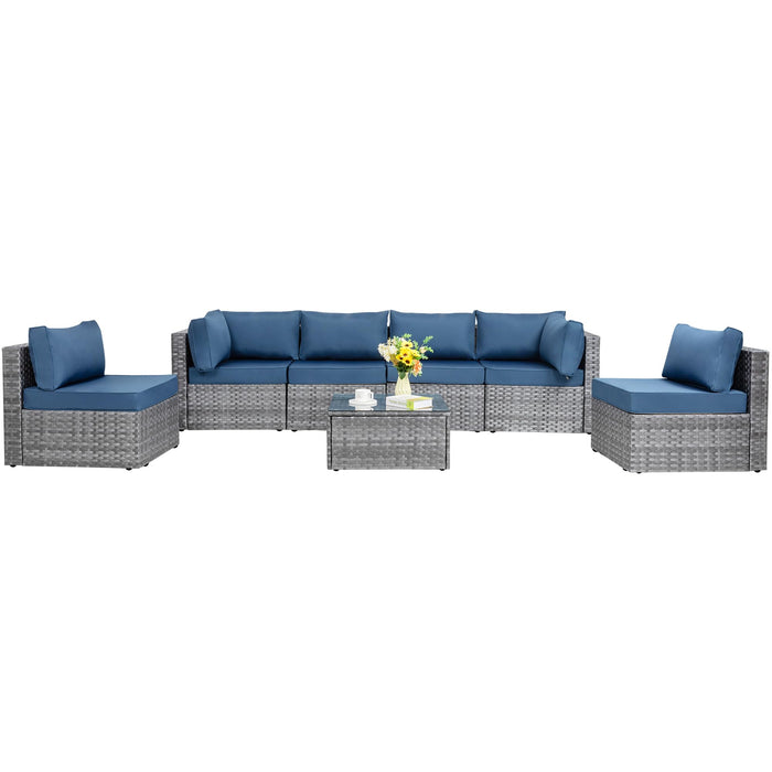 Shintenchi 7 Pieces Outdoor Patio Sectional Sofa Couch, Silver Gray PE Wicker Furniture Conversation Sets with Washable Cushions & Glass Coffee Table for Garden, Poolside, Backyard (Aegean Blue)