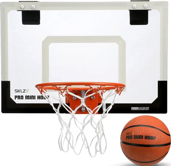 SKLZ Pro Mini Basketball Hoop - 18" x 12" Clear, Shatterproof Backboard, Breakaway Rim, Heavy Duty Net, & 5" Ball - Easy Mount Padded, Slide-On Over-Door Mounts - Suitable for Office, Dorm, Bedroom