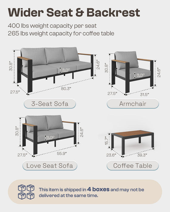 Oasbira Aluminum Outdoor Patio Furniture Set with Coffee Table, 5 Piece Patio Conversation Sets, Outdoor Sectional Furniture for Porch, Balcony, Yard, Gray