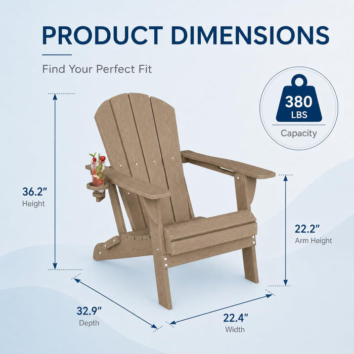 Patio Kingdom Folding Adirondack Chairs Set of 6 with Cup Holders, Heavy Duty HDPE Plastic Outdoor Chairs, Weather Resistant Heavyweight Patio Furniture Set for Deck, Fire Pit, Backyard, Brown