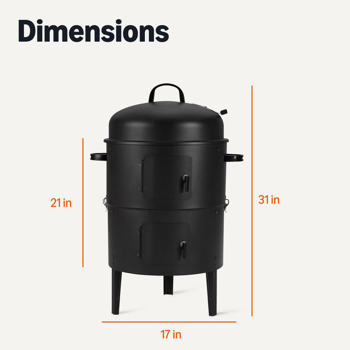 Amazon Basics 16 inch Vertical Charcoal Outdoor Smoker, BBQ Grill, with Built-in Thermometer, 2-Layer Design, Adjustable Air Supply Control, Black