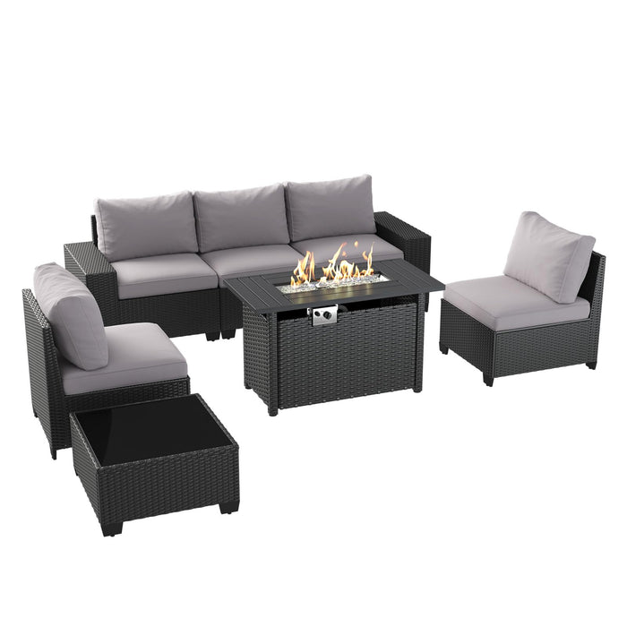 Aoxun Outdoor Patio Furniture Set with 44'' Fire Pit Table, 7 Pcs Outdoor Patio Furniture Sets with 4in Thicken Cushion, Widen Armrests Wicker Outdoor Sectional for Backyard (Waterproof Cover Include)