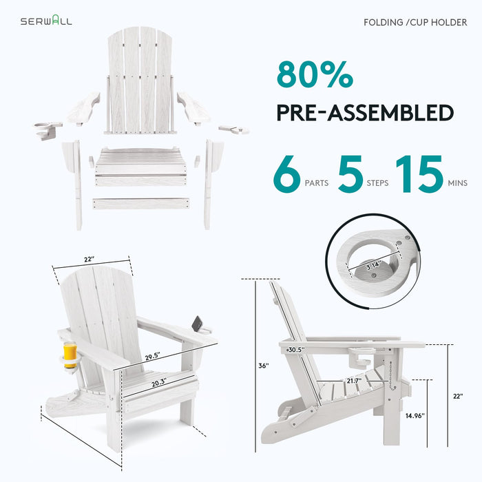 SERWALL Outdoor Adirondack Chair Set of 4 with Cup Holders,Foldable,White