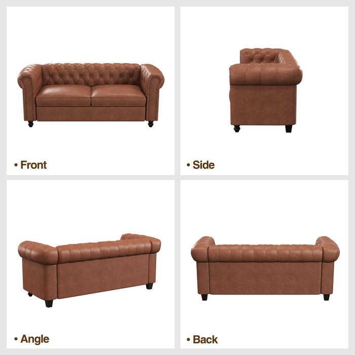 FiveWillowise 72 Inch Brown Couch, Chesterfield Faux Leather Sofa with Wooden Legs, Vintage Tufted Sofa with Rolled Arms, Mid Century Modern Couch with Rivets for Living Room, Apartment, Office