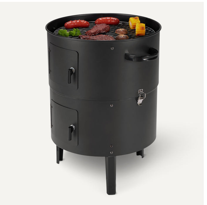 Amazon Basics 16 inch Vertical Charcoal Outdoor Smoker, BBQ Grill, with Built-in Thermometer, 2-Layer Design, Adjustable Air Supply Control, Black