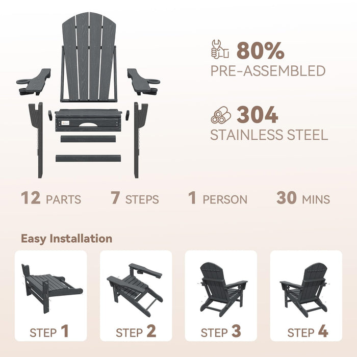 Mdeam 3-Position Adjustable Folding Adirondack Chair, 20" W | 400LBS Capacity, Retractable Ottoman, Dual Cup Holders, Wood-Like HDPE Outdoor Patio Lounge Recliner Fire Pit Chairs for Porch Deck, Grey