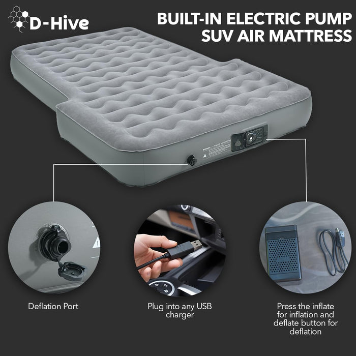 D-Hive SUV Air Mattress, Ultra-Thick Material Extra-High Car Air Mattress, SUV Mattress for Toyota 4runner, Jeep Wrangler Air Mattress, Car Mattress w/Built-in Pump Inflatable Car Air Mattress Grey