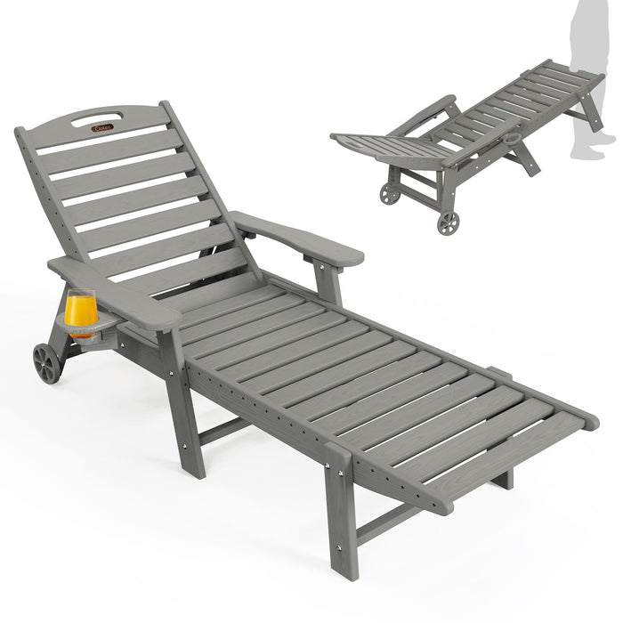 Ciokea Lounge Chair Outdoor, Oversized Chaise Lounge Chair with 5 Positions, HDPE, Patio Lounge Chair with Wheels & Cup Holder for Pool, Deck, Poolside, Grey