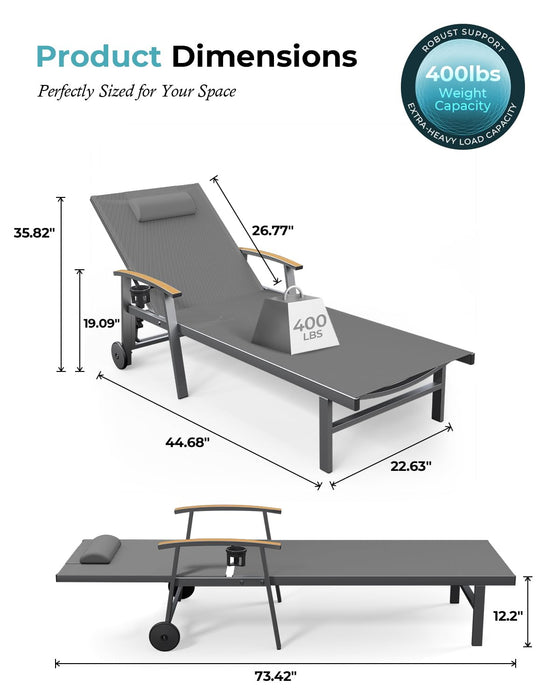Ciokea Outdoor Lounge Chair with Pillow, 5-Position Aluminum Chaise Lounge with Wheels & Armrests, 400 lbs Heavy Duty Patio Pool Chair for Deck, Backyard, Beach & Poolside, Grey