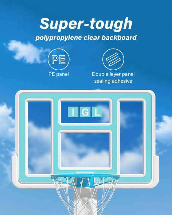 IGL Pool Basketball Hoop Outdoor, 44 Inch Outdoor Poolside Basketball Hoop, Base & Stand Double Water Storage with 2 Ball & Inflator, 18in Stainless Steel Basketball Rim, Fixed Height (44in Backboard)