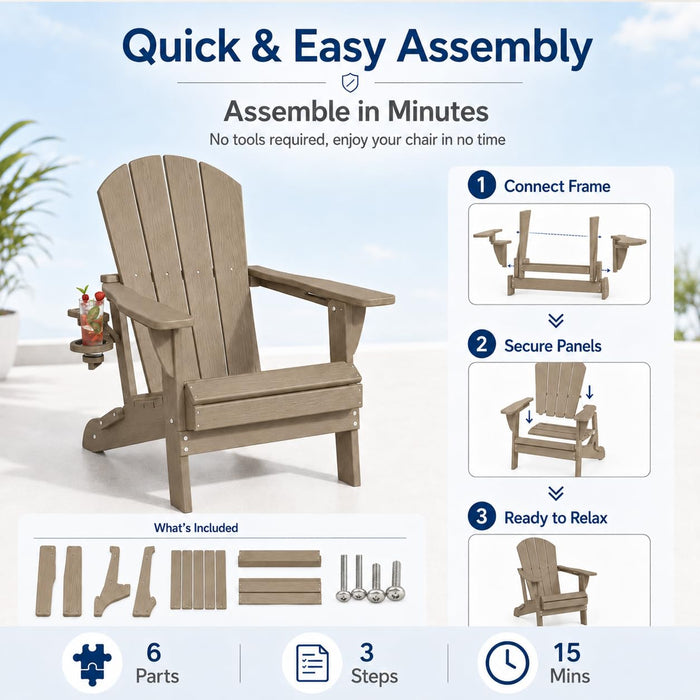 Patio Kingdom Folding Adirondack Chairs Set of 6 with Cup Holders, Heavy Duty HDPE Plastic Outdoor Chairs, Weather Resistant Heavyweight Patio Furniture Set for Deck, Fire Pit, Backyard, Brown