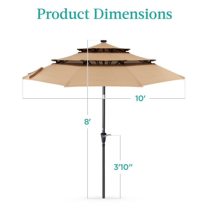 Best Choice Products 10ft 3-Tier Solar Patio Umbrella, Outdoor Market Sun Shade for Backyard, Deck, Poolside w/ 24 LED Lights, Tilt Adjustment, Easy Crank, 8 Ribs - Tan