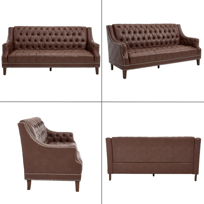 chairus Mid Century Modern 74.5" Faux Leather Sofa, 3 Seater Tufted Upholstered Couch with High Back & Nailhead Trim, Chesterfield Sofa for Living Room Bedroom Apartment Office, Brown PU