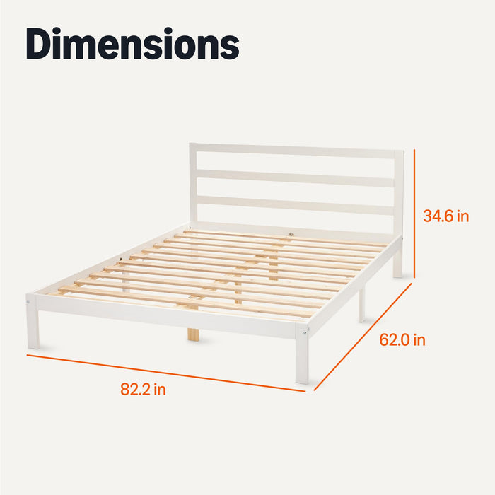 Amazon Basics Queen Bed Frame with Headboard, Solid Pine Wood with Bed Slats, White, 62" x 82" x 34.6"