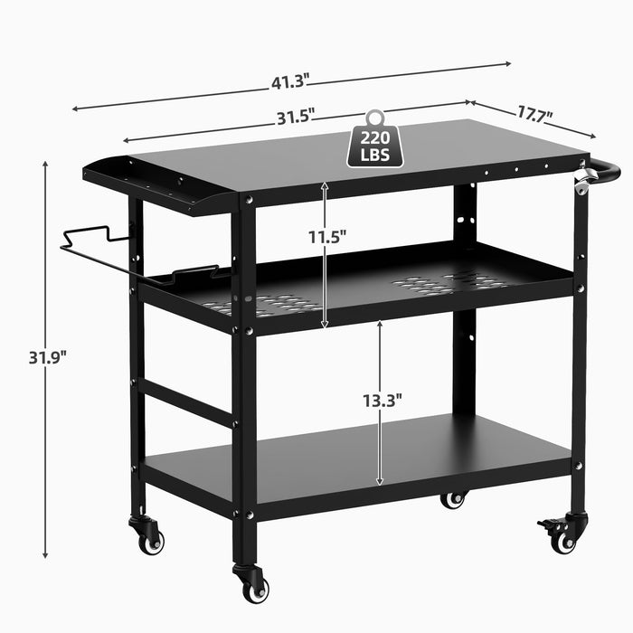 Xilingol Outdoor Grill Cart, Pizza Oven Stand Table with Wheels for Outside Patio, Heavy Duty Movable Outdoor Cooking Prep Table BBQ Cart for Backyard, Camping and Parties