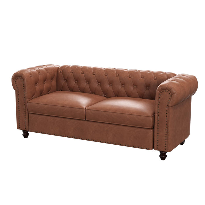 FiveWillowise 72 Inch Brown Couch, Chesterfield Faux Leather Sofa with Wooden Legs, Vintage Tufted Sofa with Rolled Arms, Mid Century Modern Couch with Rivets for Living Room, Apartment, Office
