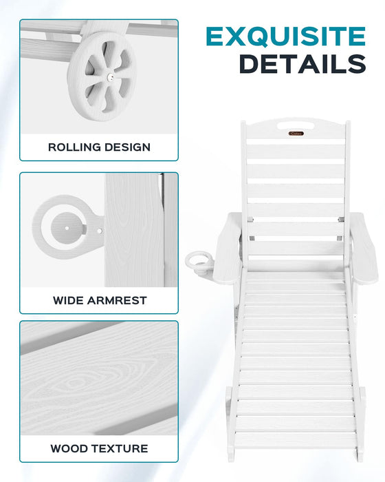 Ciokea Lounge Chair Outdoor, Oversized Chaise Lounge Chair with 5 Positions, HDPE, Patio Lounge Chair with Wheels & Cup Holder for Pool, Deck, Poolside, White