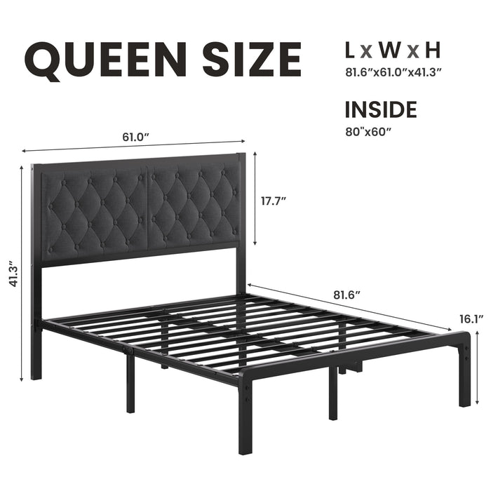 Lifezone Bed Frame with Linen Upholstered Headboard, Queen, Metal Supp