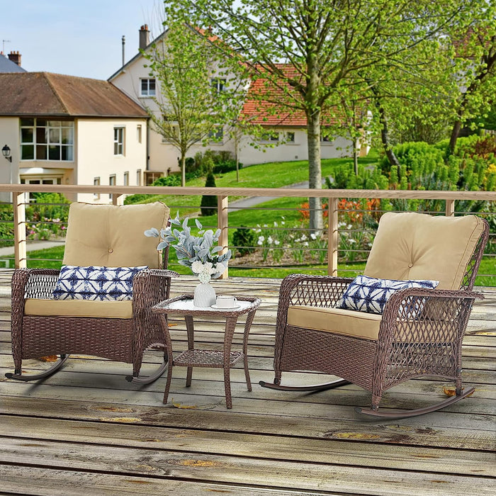 Techmilly 3-Piece Outdoor Rocking Chairs, Wicker Patio Furniture with