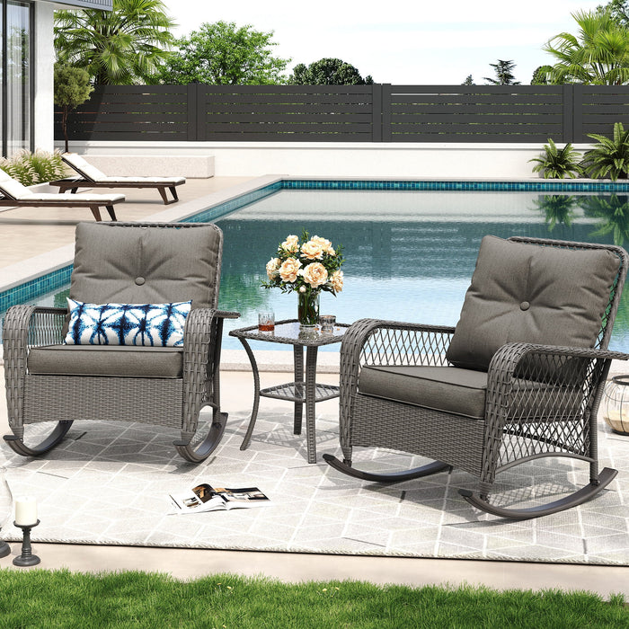 MRUAKA Outdoor Rocking Chairs Set of 3, Wicker Patio Furniture with Th