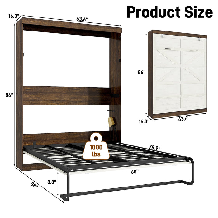ChVans Queen Size Murphy Wall Bed with 2 LED Lights, Farmhouse Wood Sp