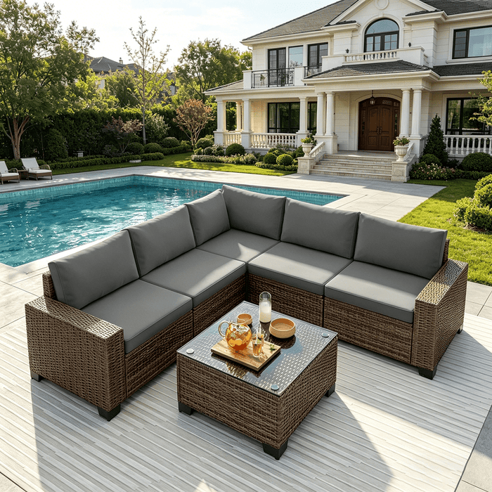 6 Piece Outdoor Patio Furniture Set, Asofer Rattan Wicker Outdoor Conv