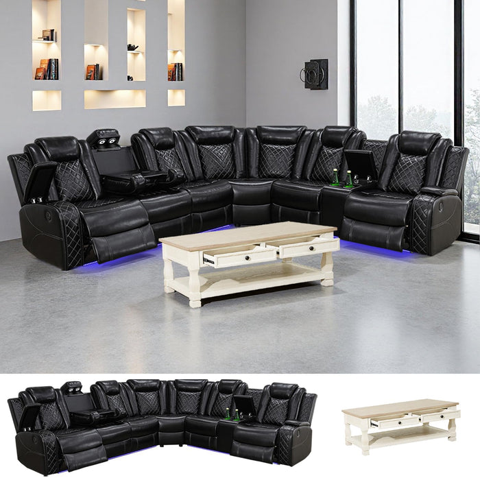 SIENWIEY Power Recliner Sectional Sofa Set with Coffee Table, Leather Reclining Sectional Couch with LED Lights,48" Mid Century Modern Coffee Table, Recliner Sofa Set for Living Room Furniture Sets