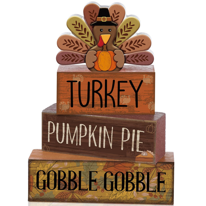 Lineshading 4 Pcs Thanksgiving Table Decoration, Turkey Wooden Block Signs