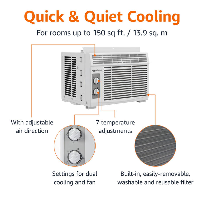 Amazon Basics 5000-BTU Window Air Conditioner with Quiet Operation, Up to 150 Sqf, Cool and Fan Functions, Washable Filter, Adjustable Window Kit, Intuitive Mechanical Controls, for Small Room, White