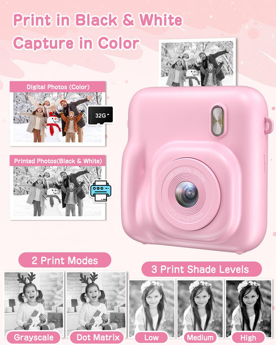 Kids Camera Instant Print, 48MP Selfie Digital Camera for Kids Christmas Birthday Gifts, 1080P Instant Print Cameras with Print Paper, 32GB Card, Toddle Toy for 4 5 6 7 8 9 Year Old Boys Girls-Pink