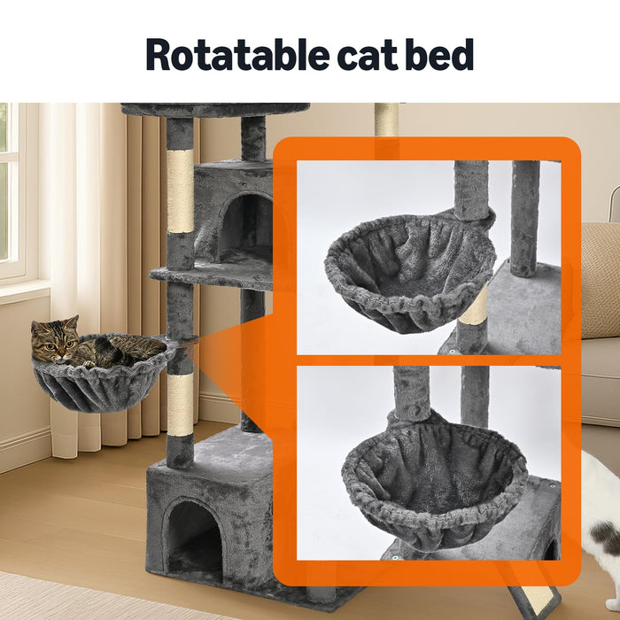 Amazon Basics Large Cat Tree Tower, Multi-Level Activity Center with 2 Large Condos, Multiple Sisal Scratching Posts and Hanging Pompoms, Gray, 68 Inches
