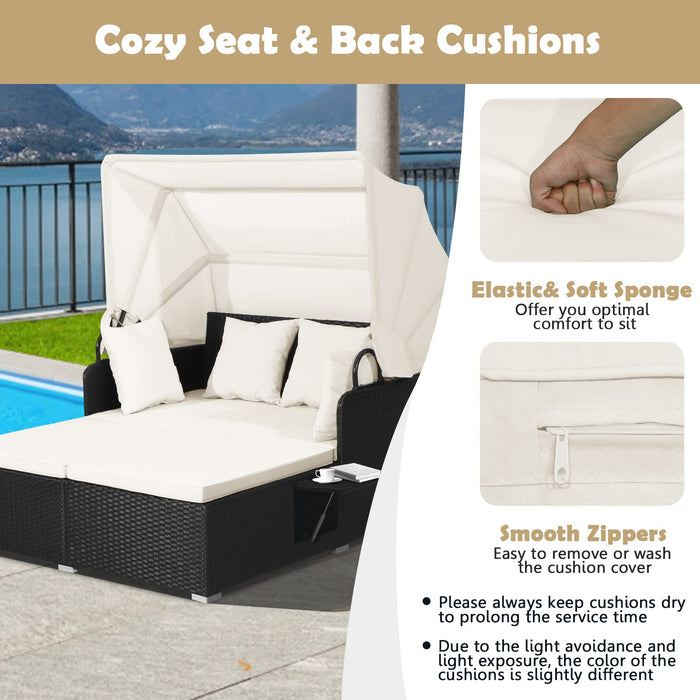 Tangkula Patio Rattan Daybed with Retractable Canopy, Outdoor Wicker Sunbed Lounger with 2 Foldable Side Tables, Thick Seat & Back Cushions, Double Daybed for Garden, Backyard, Porch (Off White)